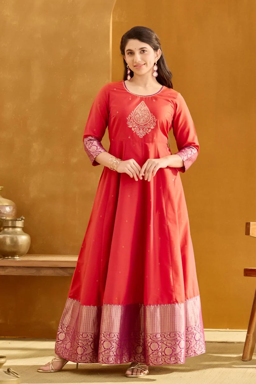Rusty Orange Anarkali Dress with Embroidered Yoke & Brocade Border